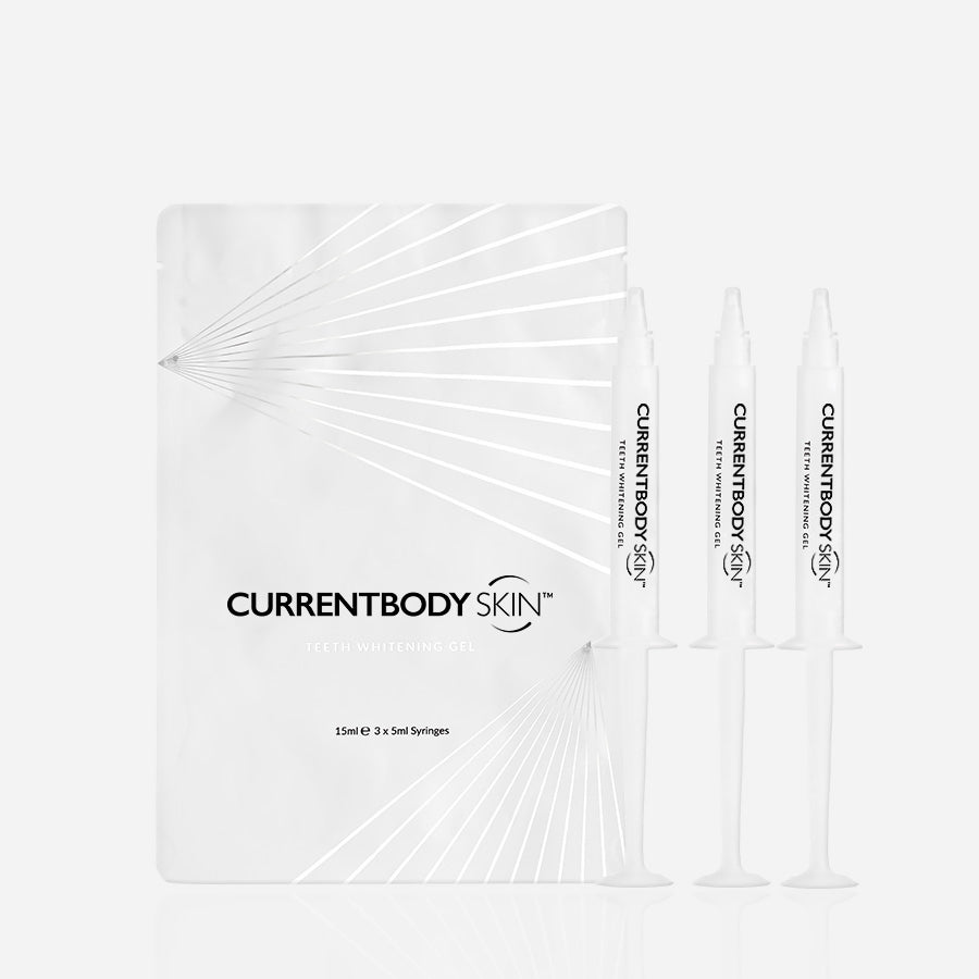 CurrentBody Skin teeth whitening gel refill syringes, 5ml each, with clear packaging showing the whitening gel inside.