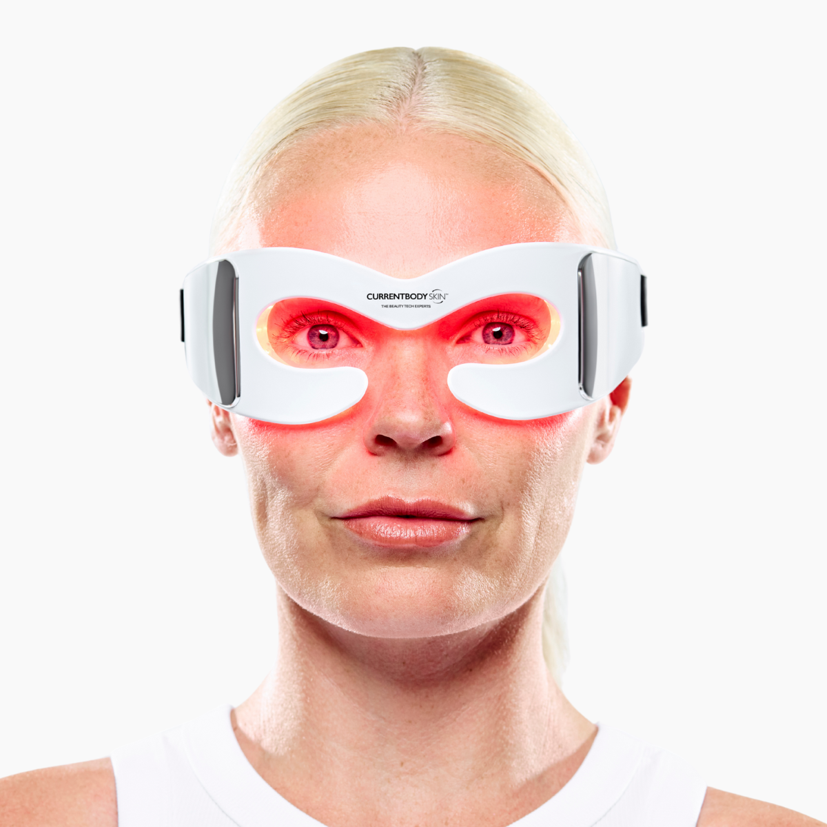 CurrentBody Skin LED eye mask showing a sleek, black design with adjustable straps for targeted facial skincare.