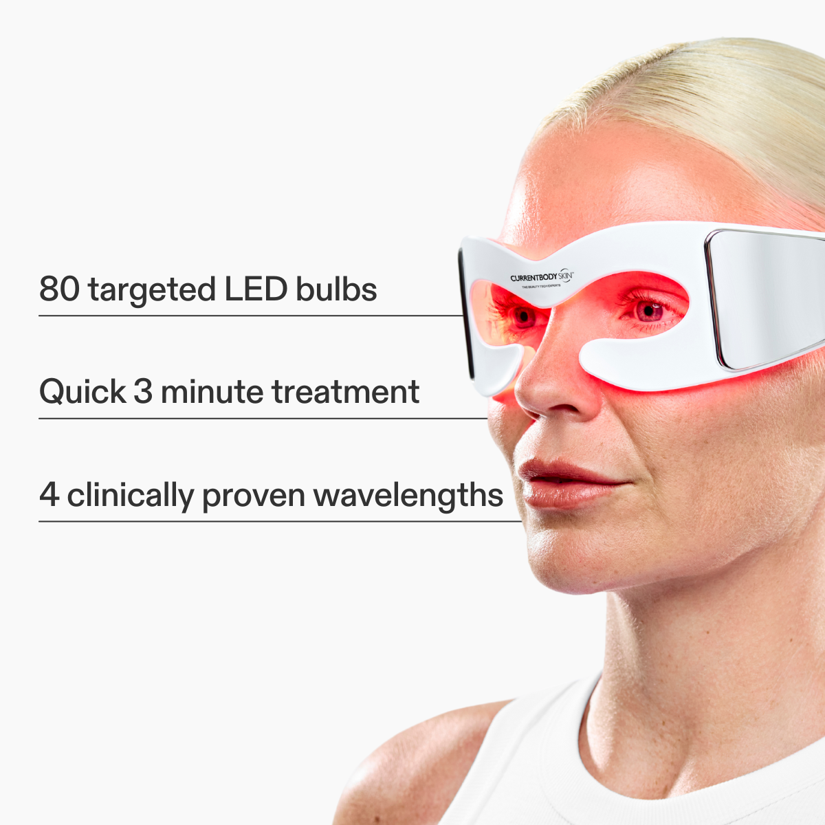 CurrentBody Skin LED eye mask shown on face, designed for skin rejuvenation and eye area treatment with adjustable straps.
