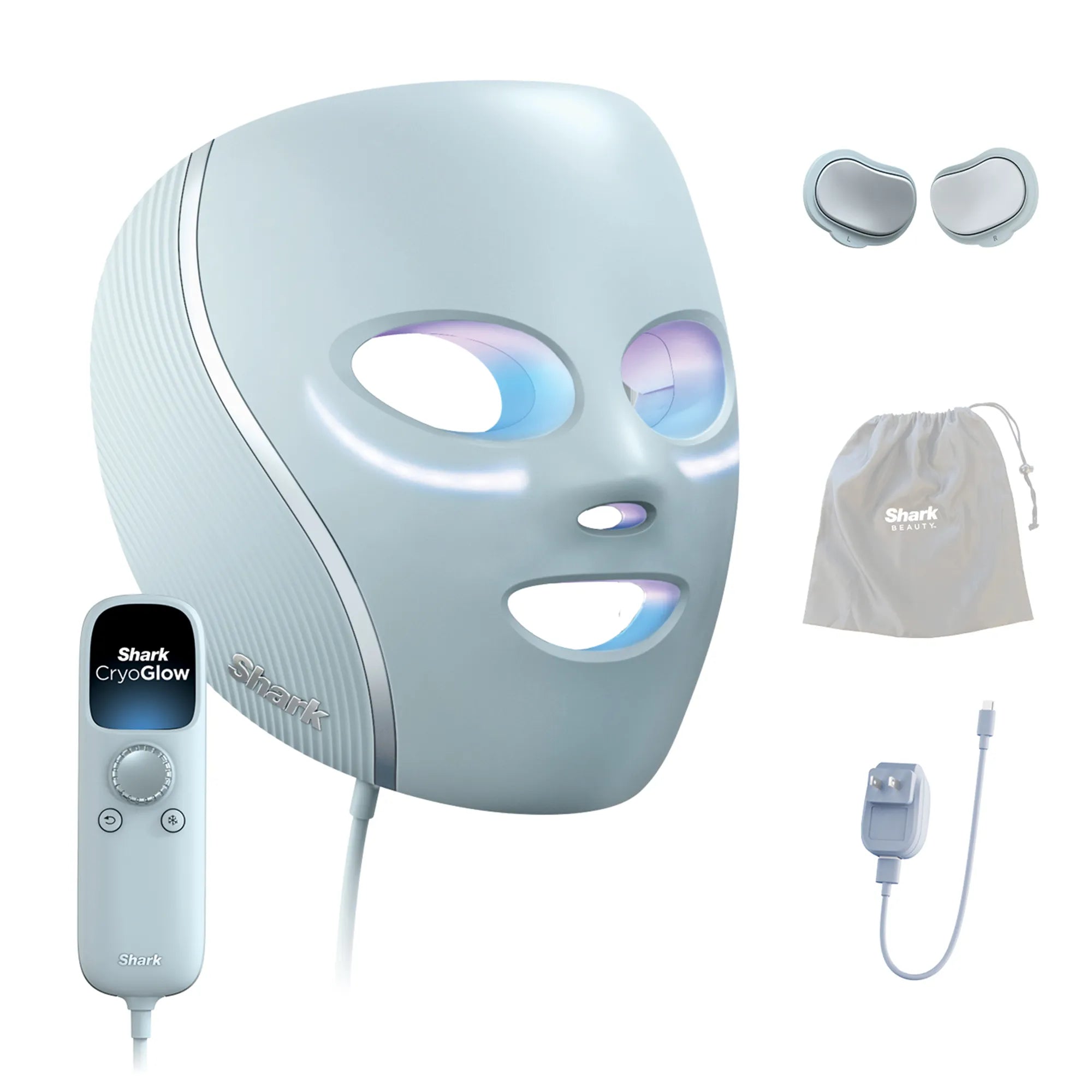 Shark CryoGlow under-eye cooling and LED face mask, black with cooling gel pads and LED lights, designed for skincare therapy