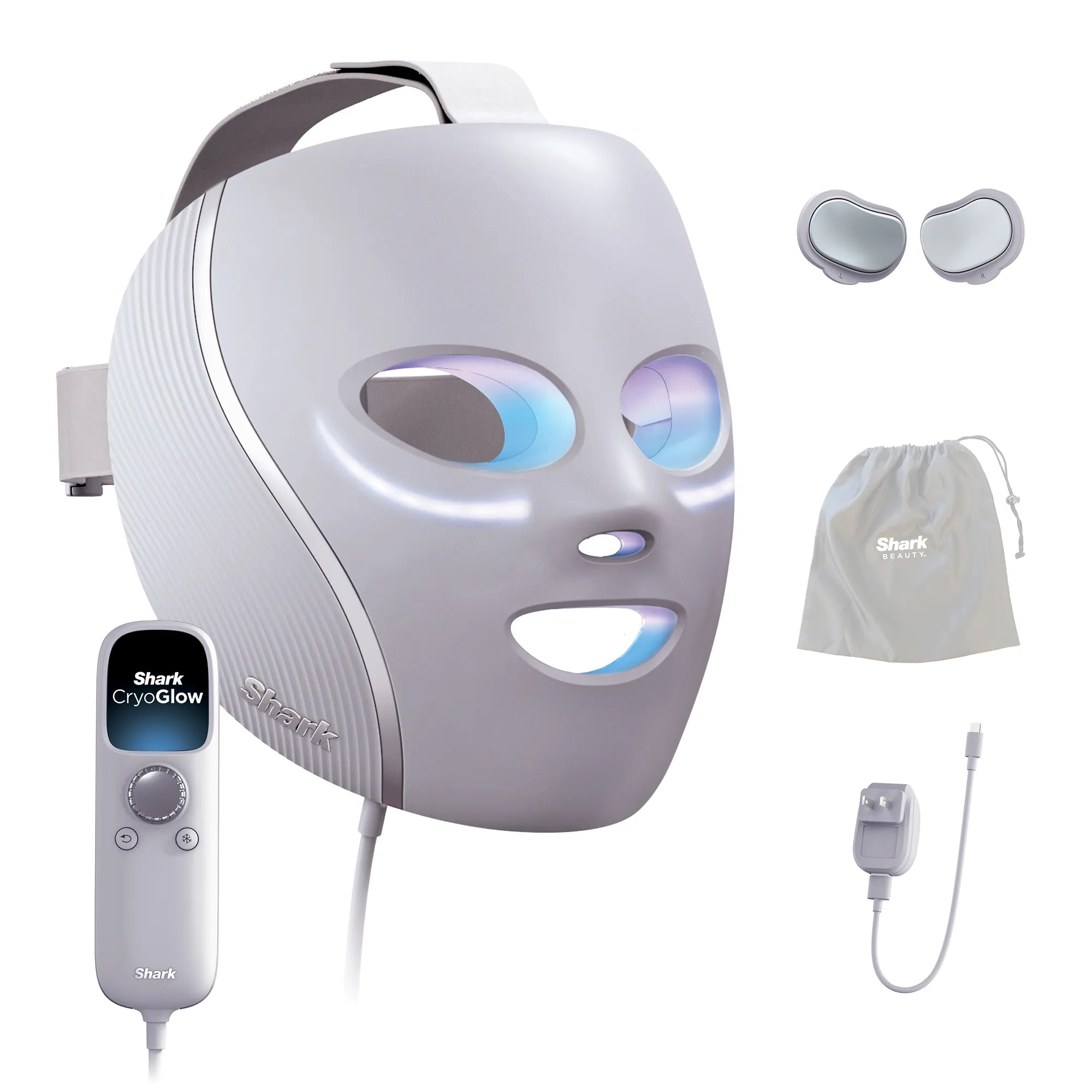 Shark Clean CryoGlow under-eye cooling and LED face mask with blue and red light therapy, designed for skincare and rejuvenation.