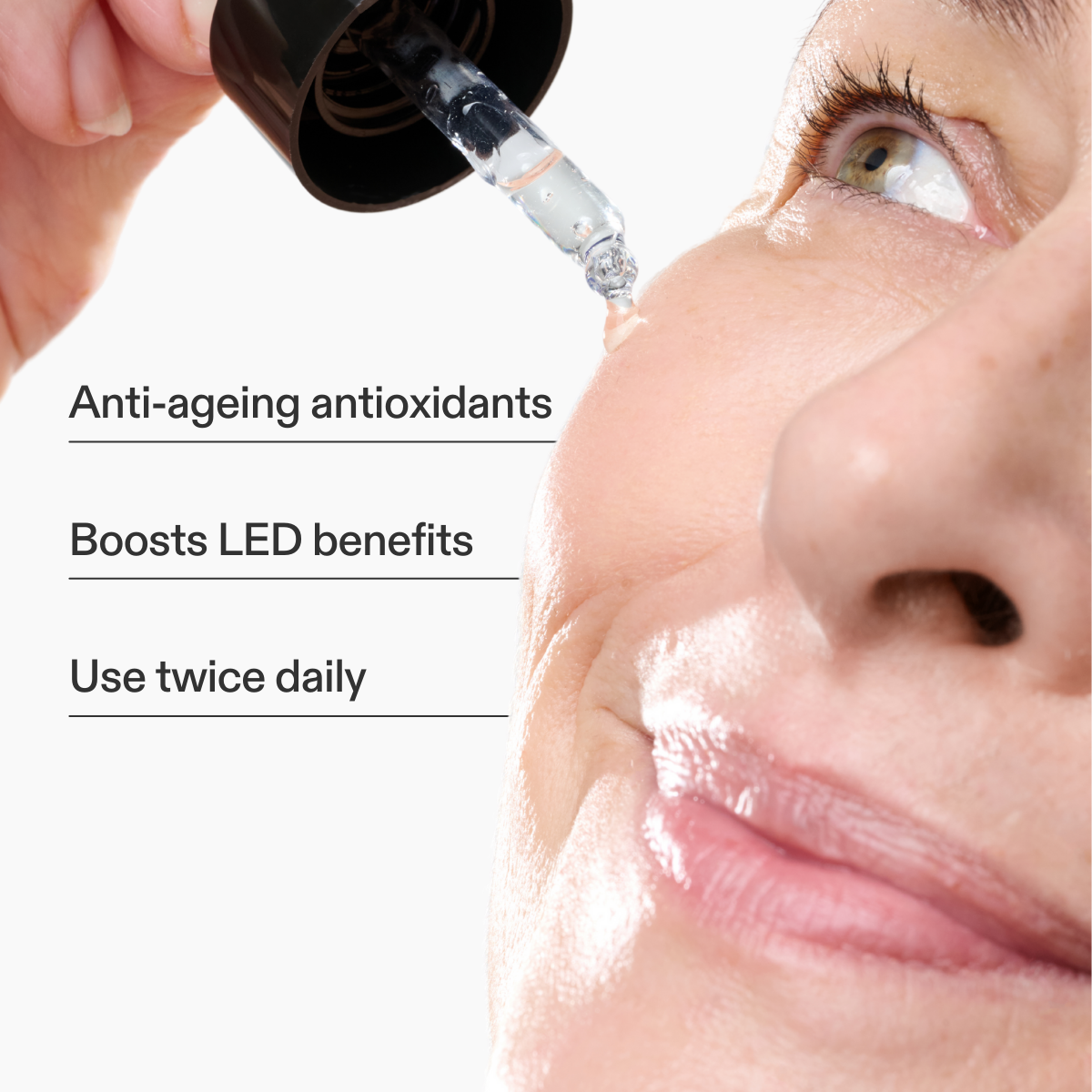 CurrentBody Skin Green Tea Serum bottle with key features displayed, showcasing natural ingredients and 30ml size.