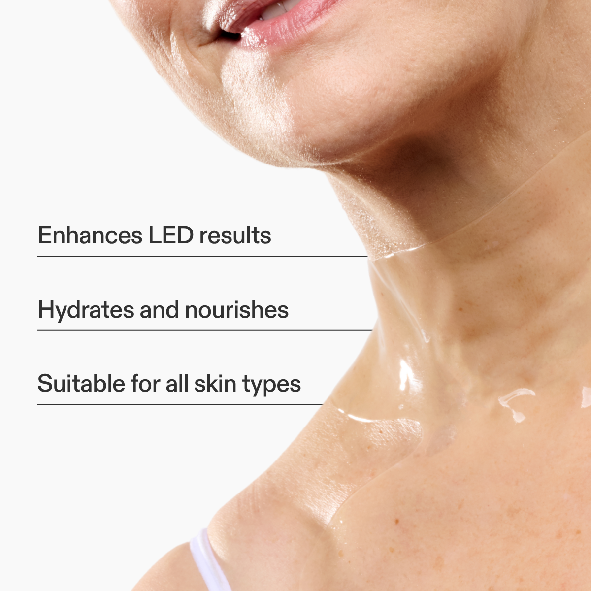 CurrentBody Skin Hydrogel Neck and Décolletage Mask showing the mask's gel texture and fit on the neck area.