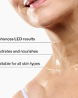 CurrentBody Skin Hydrogel Neck and Décolletage Mask showing the mask's gel texture and fit on the neck area.