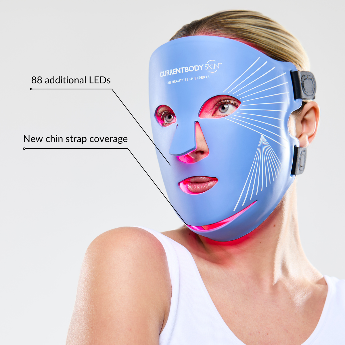 CurrentBody Skin LED Blue Light Therapy Face Mask showing the mask with adjustable straps and blue light panels for skin treatment.