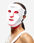 CurrentBody Skin LED red light therapy face mask worn on the face, promoting skin renewal with red light therapy technology.