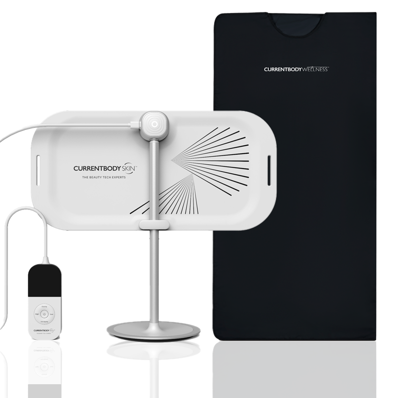 CurrentBody Skin LED Light Therapy Panel with sauna kit for at-home skin rejuvenation and relaxation.