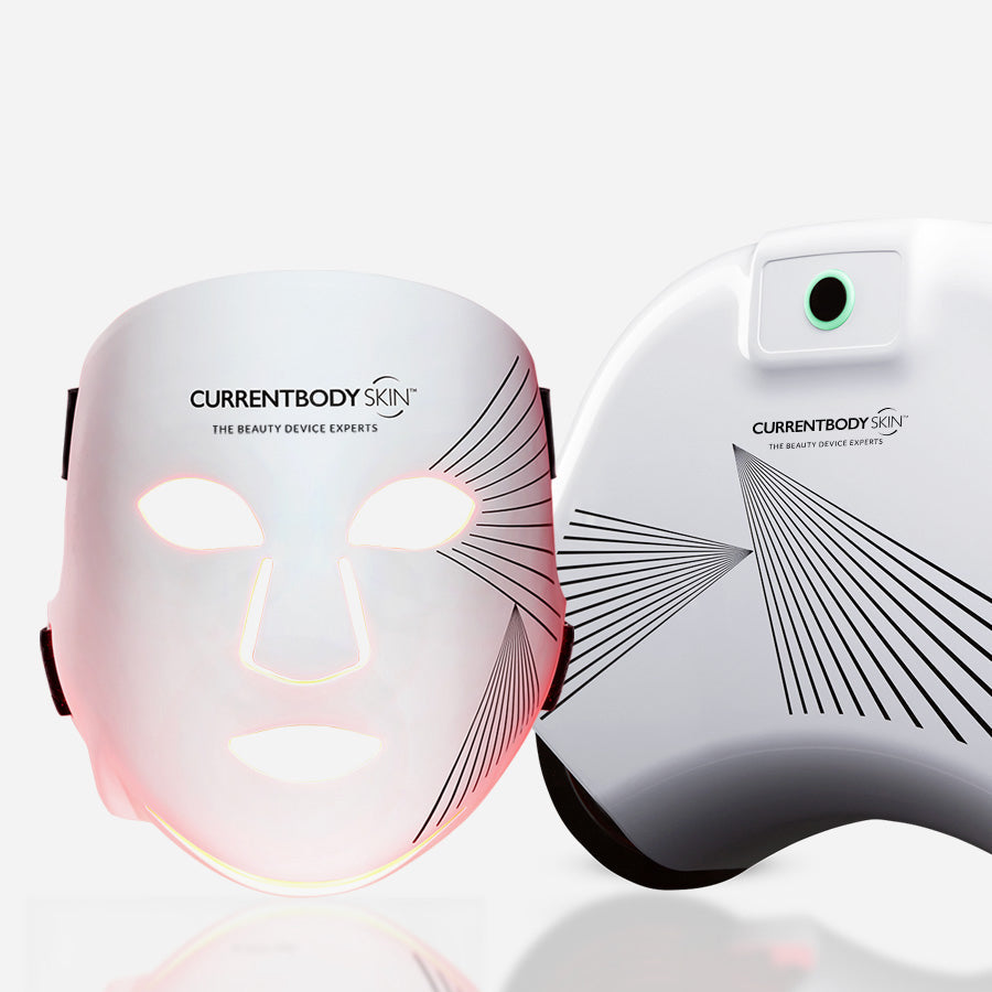 CurrentBody Skin LED hand and face mask kit showing the wearable LED device on hands and face for skin treatment.