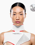 CurrentBody Skin LED Face and Neck Kit Series 2 with mask showing red and blue LED lights on face and neck area.