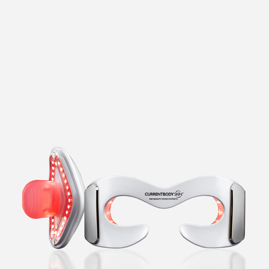 CurrentBody Skin LED Lip Mask and eye mask bundle with logo, featuring sleek black design and soft silicone surfaces for skincare.