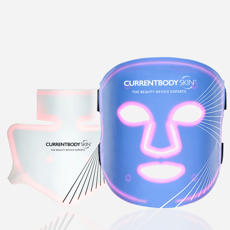 CurrentBody Skin LED Blue Light Therapy Face Mask showing a sleek, black facial mask with blue LED lights on the surface.
