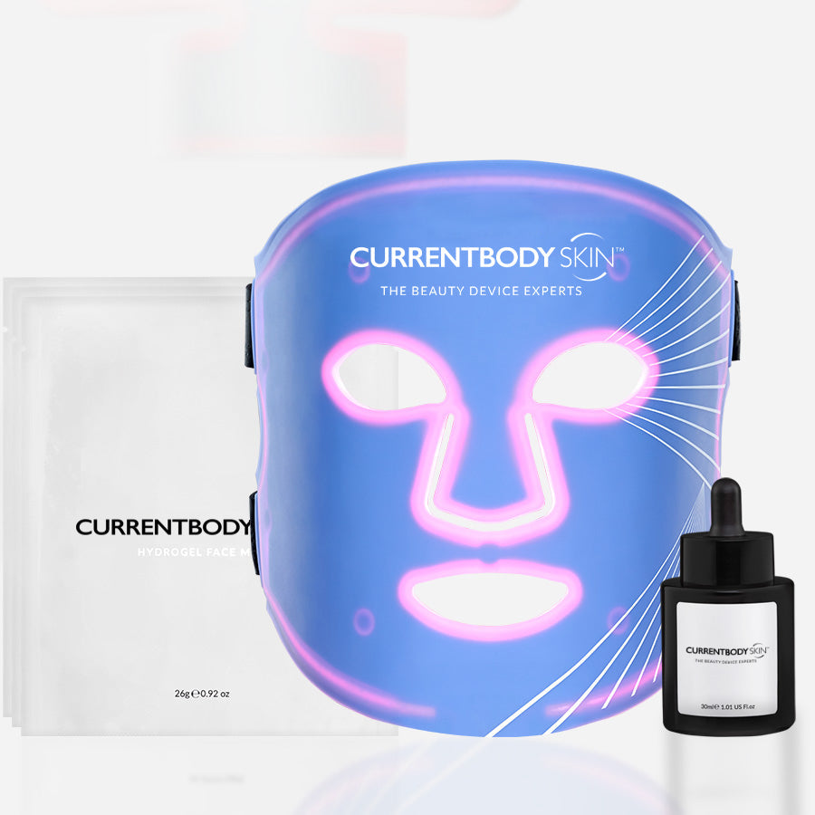 CurrentBody Skin LED Blue Light Therapy Face Mask with hydro gel and green tea for blemish treatment and skin rejuvenation.