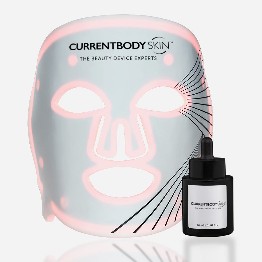 CurrentBody Skin LED face mask and 30ml Green Tea Serum displayed on a white background, highlighting their sleek packaging.
