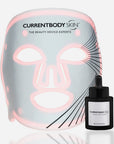 CurrentBody Skin LED face mask and 30ml Green Tea Serum displayed on a white background, highlighting their sleek packaging.