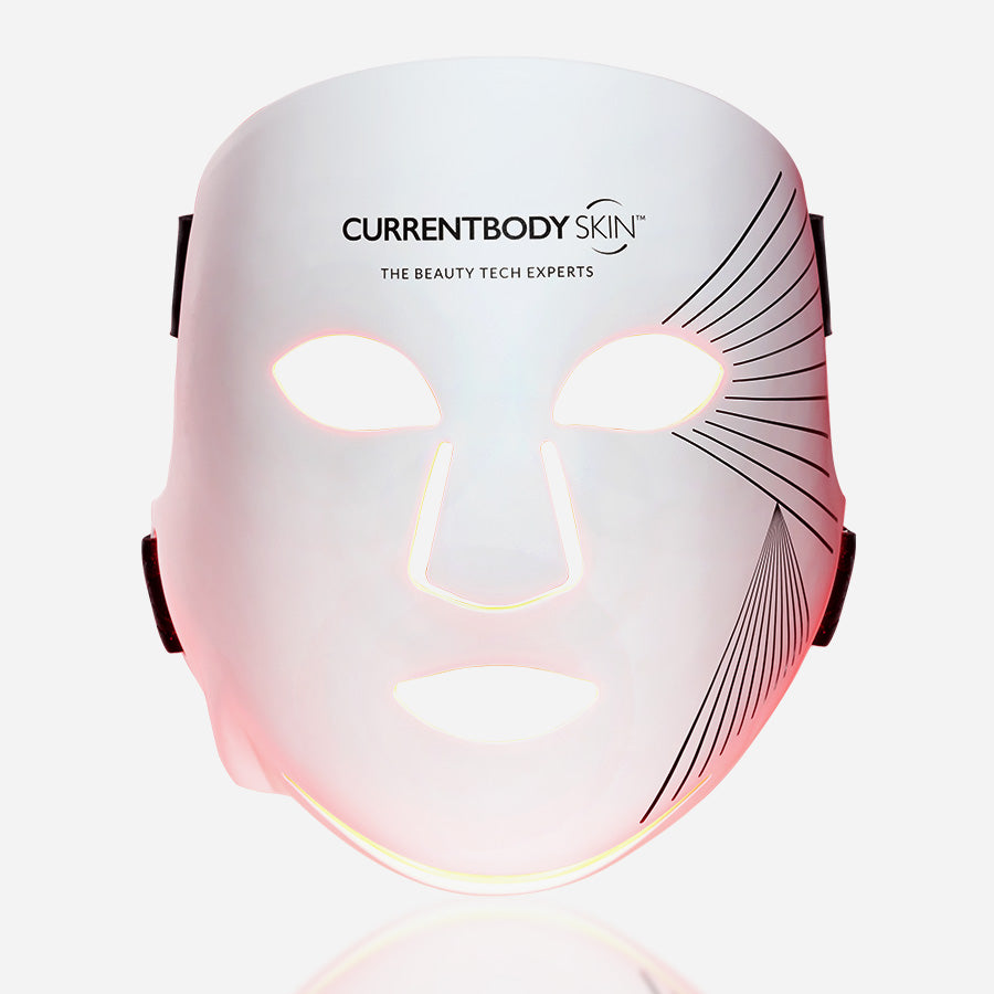 CurrentBody Skin LED Red Light Therapy Face Mask showing a sleek, adjustable red light therapy mask with built-in eye protection.