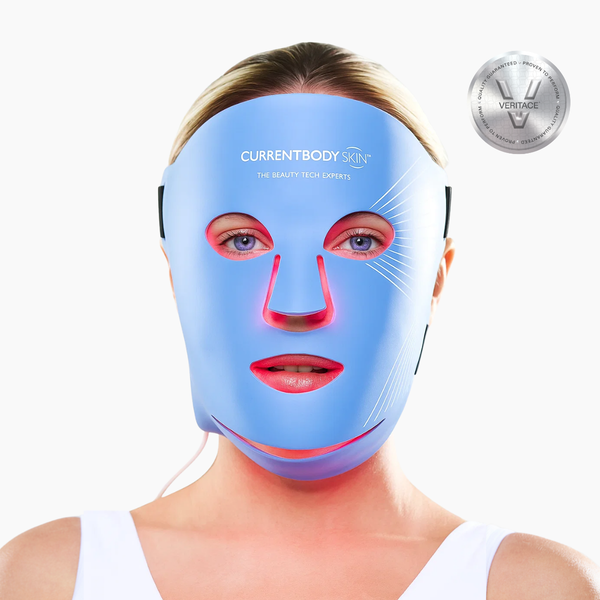 CurrentBody Skin LED Blue Light Therapy Face Mask worn on face, showcasing the blue light treatment technology for skin rejuvenation.
