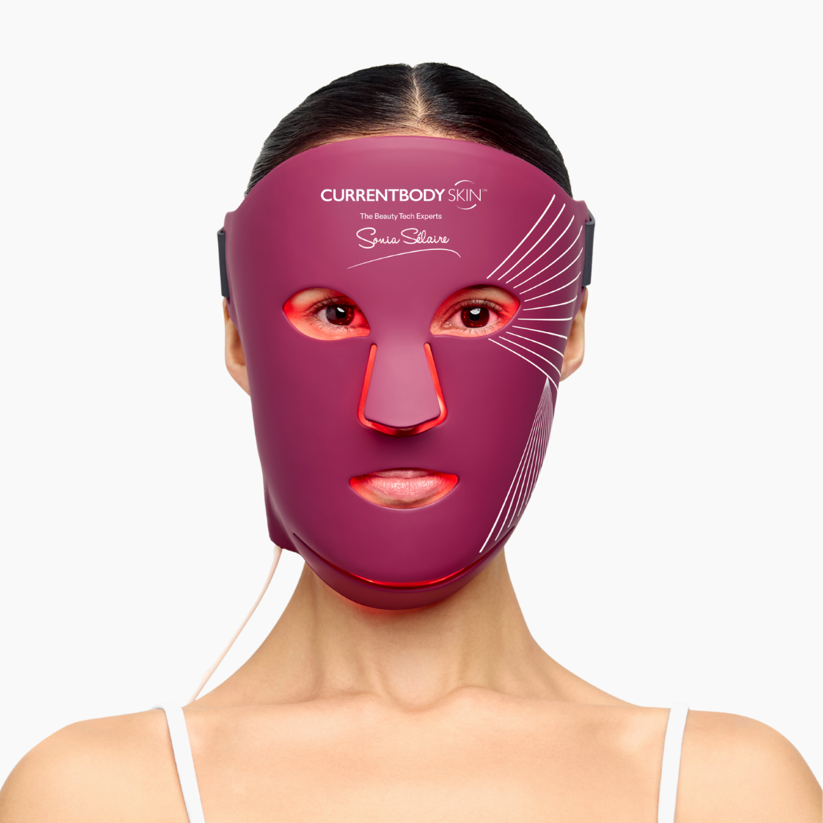 CurrentBody Skin Sonia Selaire LED face and neck therapy mask for skin rejuvenation and light therapy treatment.