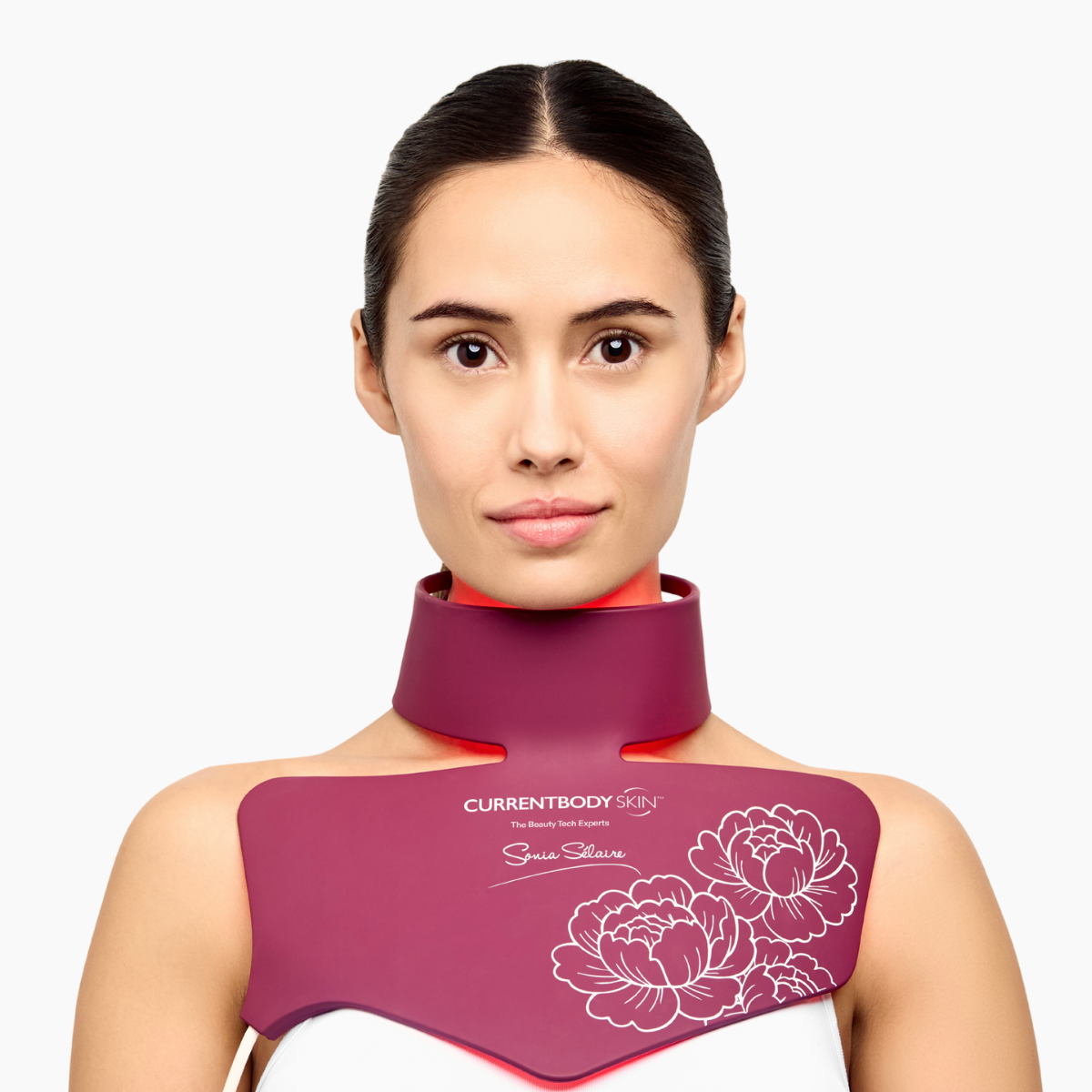 Sonia Selaire x CurrentBody Skin LED Face and Neck Kit with light therapy mask showing LED panels on a flexible mask.