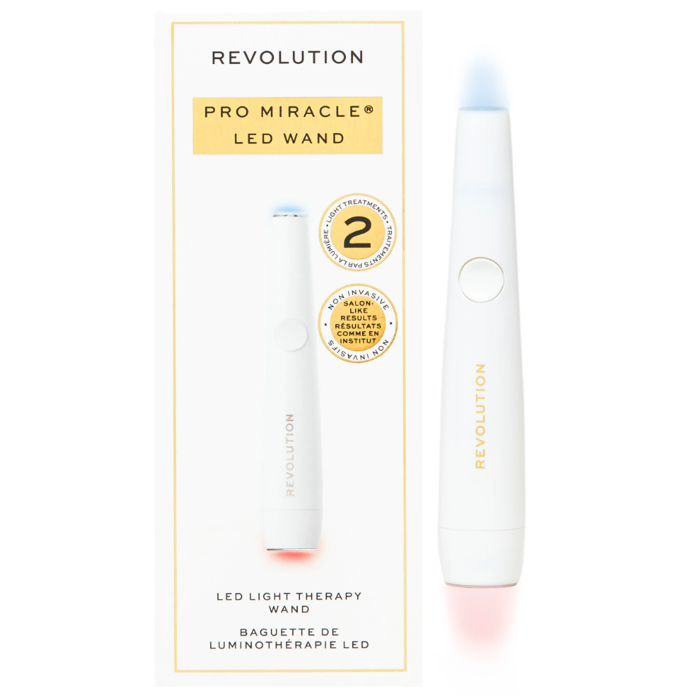 Makeup Revolution Revolution Pro Miracle LED Light Therapy Pen with black handle and LED light tip for skincare treatments.