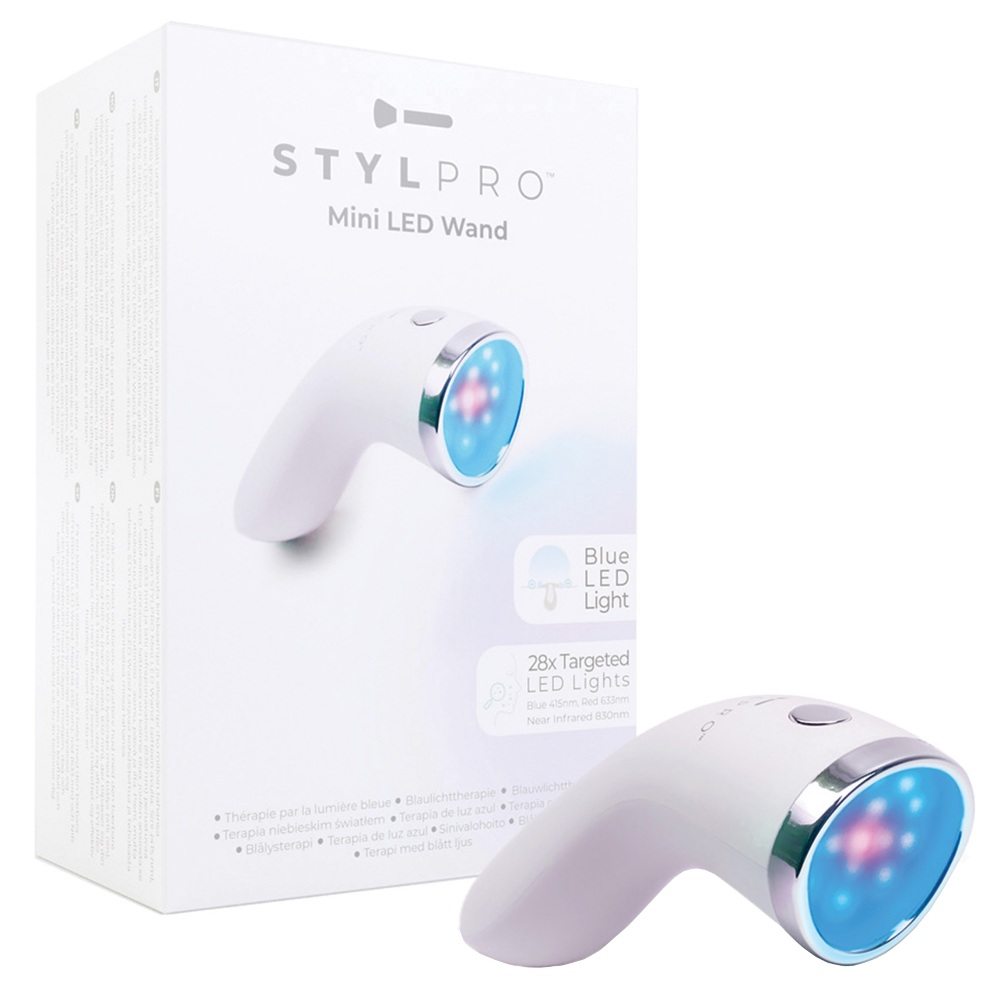 LEDMASKCONCEPT StylPro Mini LED Wand emitting bright light, handheld skincare device with multiple LED light settings.