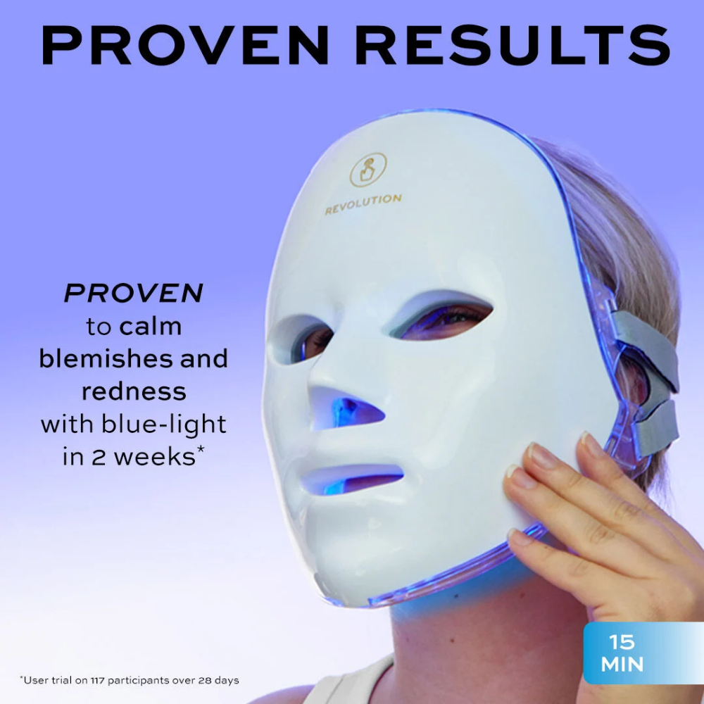 LEDMASKCONCEPT Miracle LED Face Mask by Makeup Revolution Revolution Pro with glowing light panels for skin therapy.