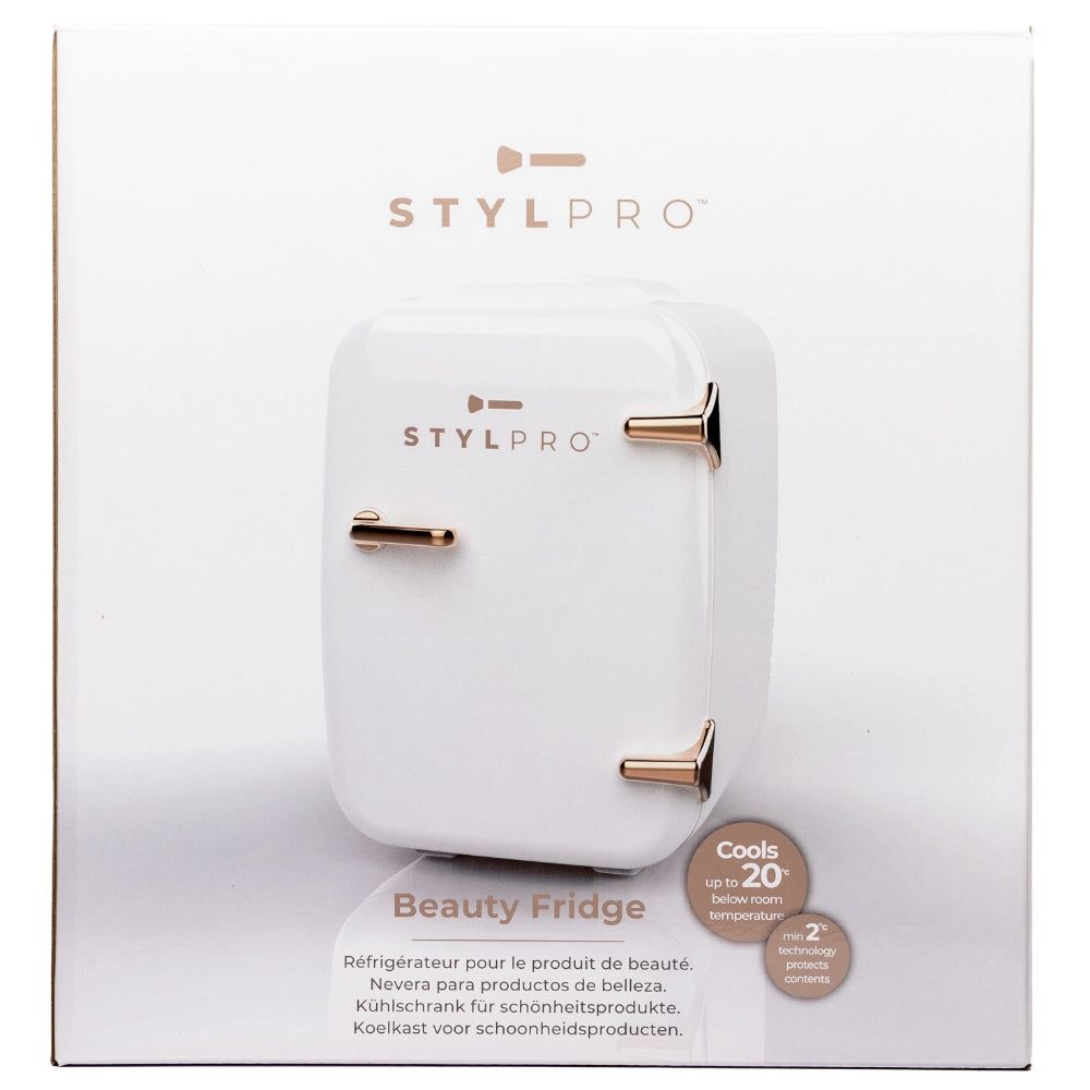 Rose gold StylPro Beauty Fridge by LEDMASKCONCEPT with sleek design and compact size for skincare storage.