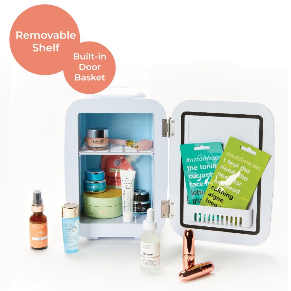Rose gold StylPro Beauty Fridge by LEDMASKCONCEPT with sleek design and compact size for skincare storage.