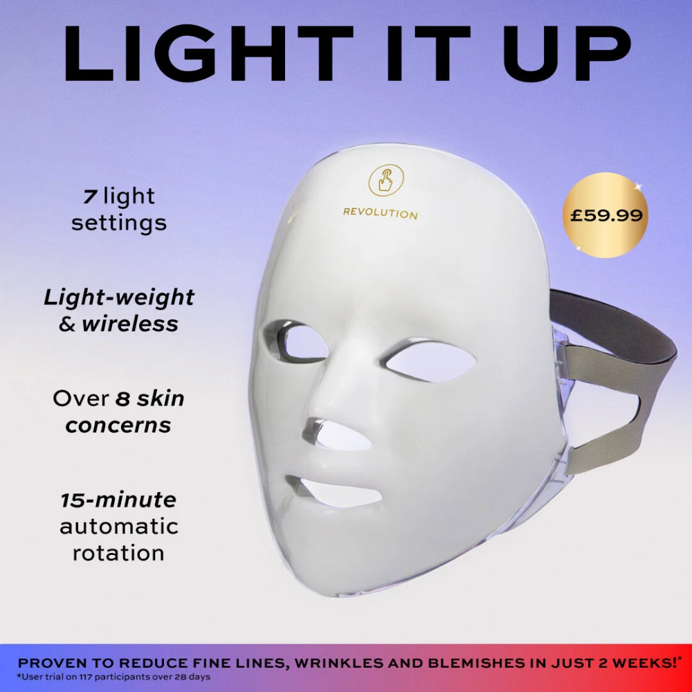 LEDMASKCONCEPT Miracle LED face mask from Makeup Revolution Revolution Pro with vibrant blue and red light panels on a glowing mask