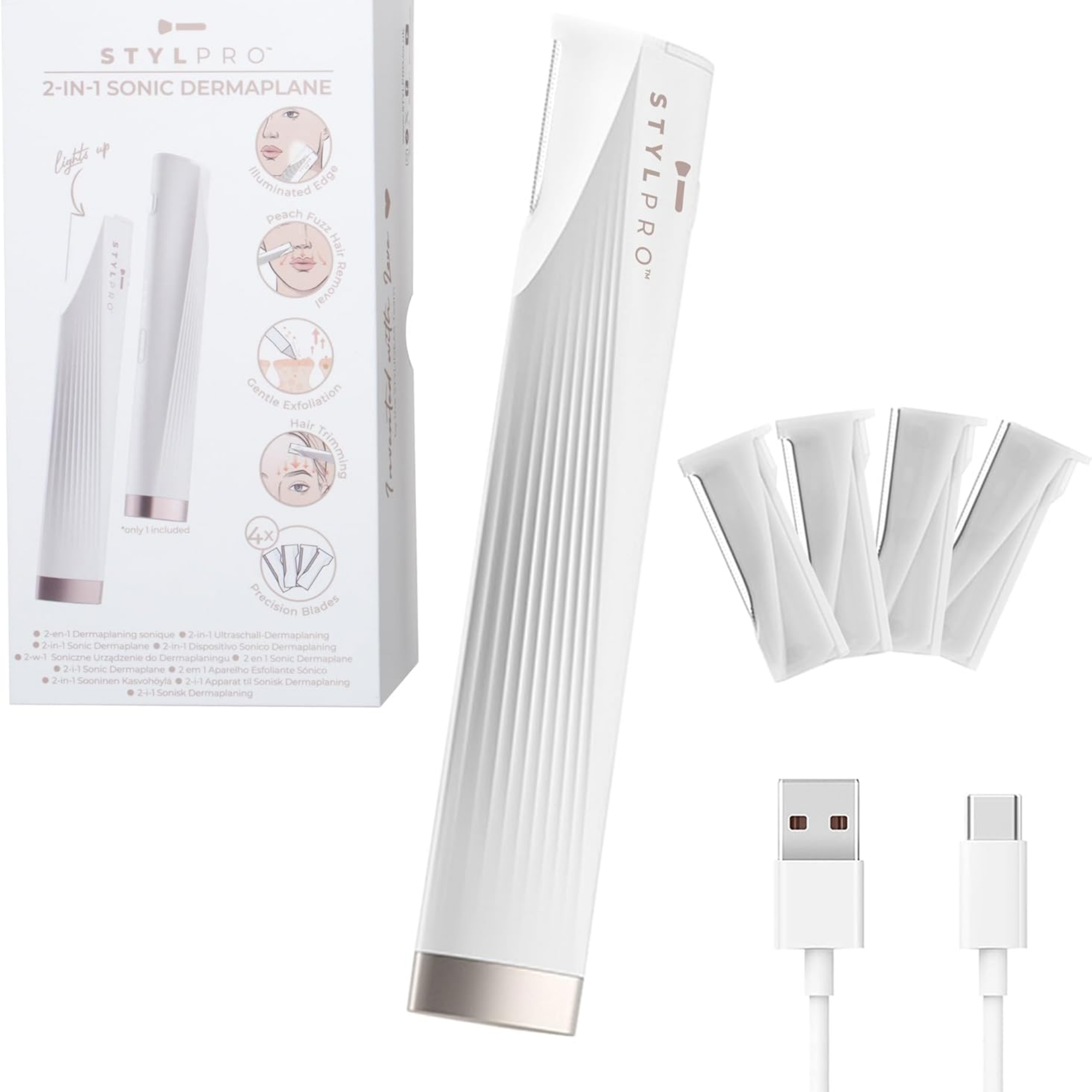 StylPro 2-in-1 Light Up Sonic Dermaplane and Trimmer by LEDMASKCONCEPT with illuminated head for facial skin exfoliation and trimming.