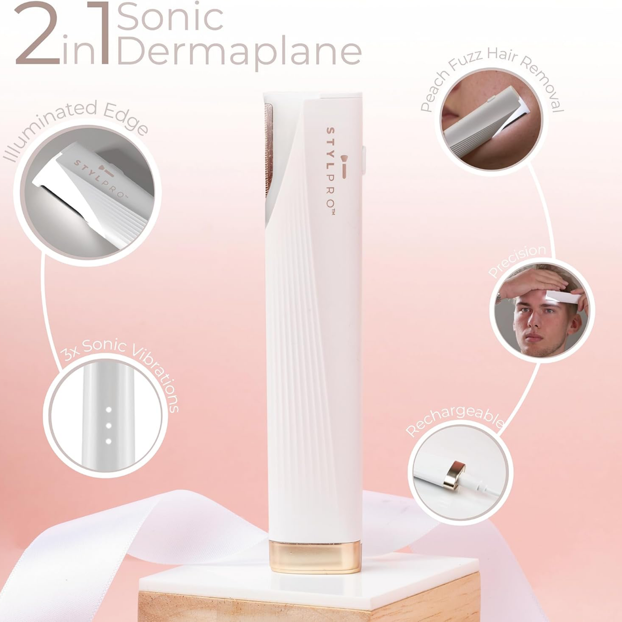 LEDMASKCONCEPT StylPro 2-in-1 Light Up Sonic Dermaplane and Trimmer for facial exfoliation and hair removal.