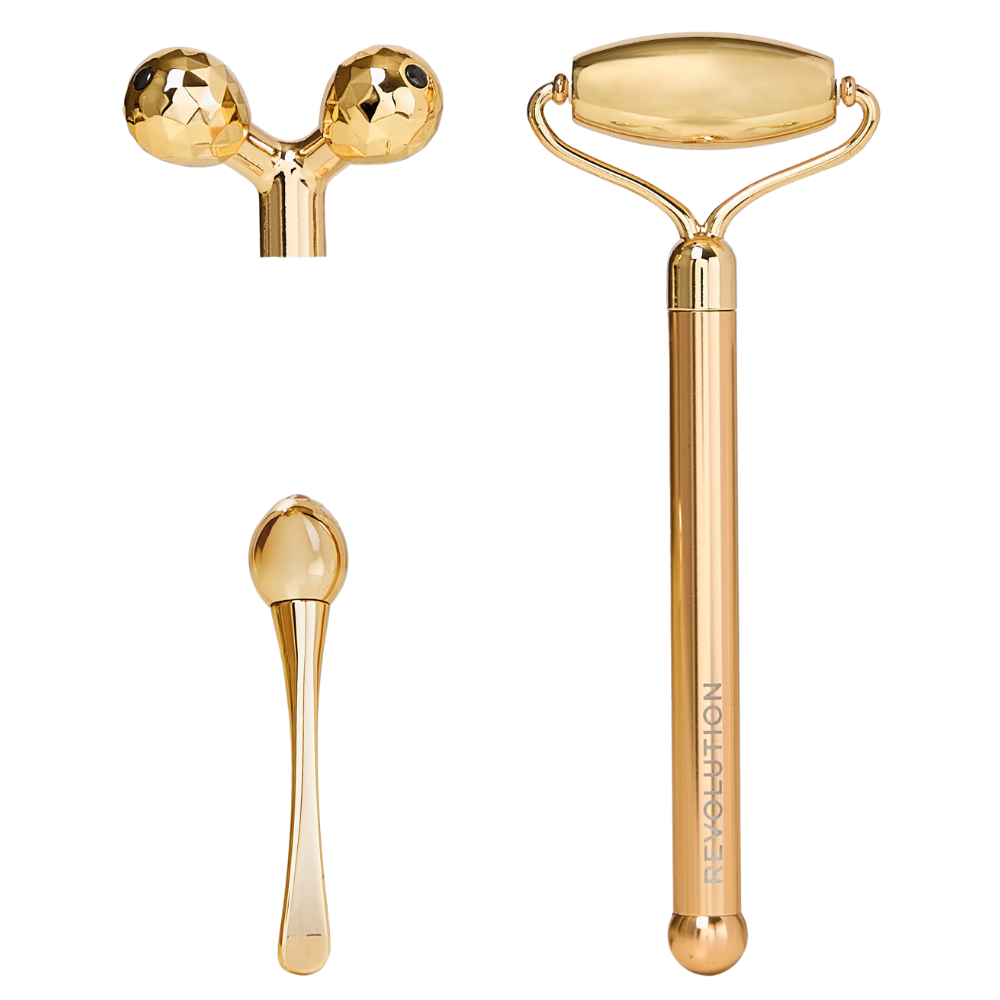 Makeup Revolution Pro Miracle Sculpting Facial Roller Set with multiple facial massage tools on a white background.