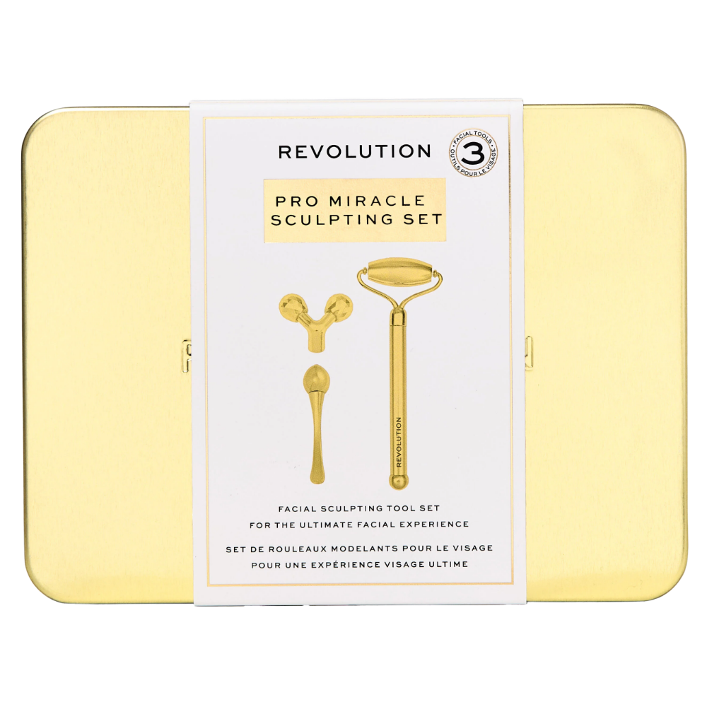 Makeup Revolution Pro Miracle Sculpting Facial Roller Set with multiple jade roller tools for facial massage and skin toning.