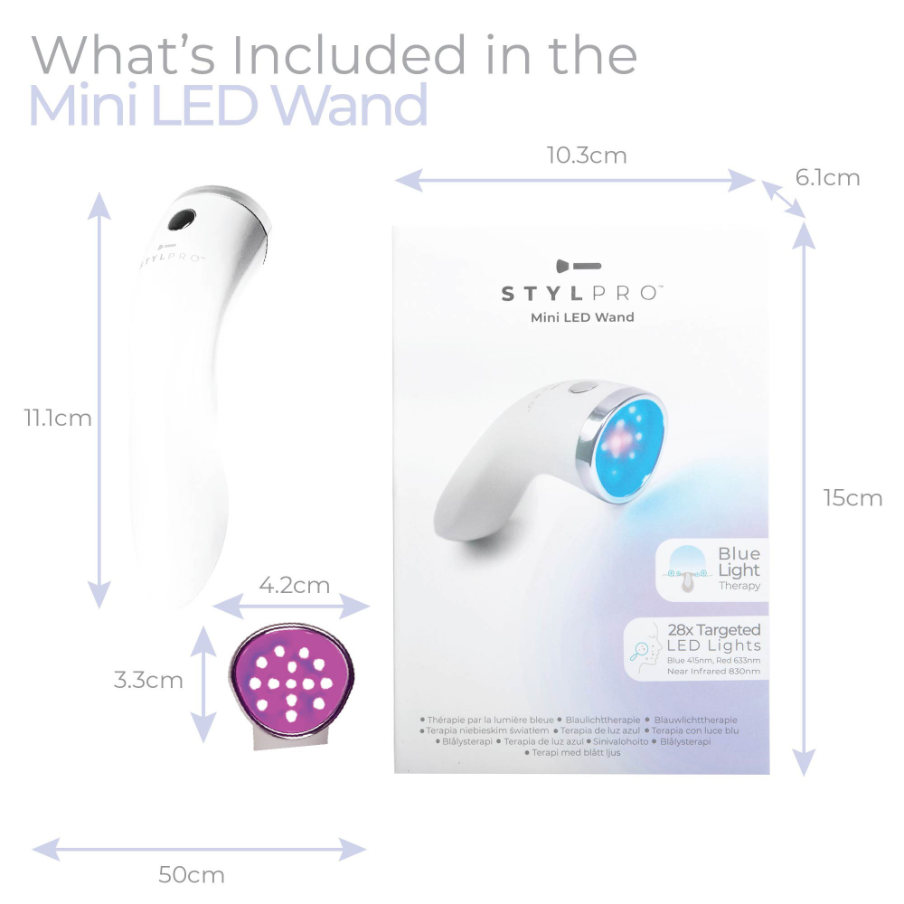 LEDMASKCONCEPT StylPro Mini LED Wand showing a compact handheld device with multiple LED lights and adjustable settings.